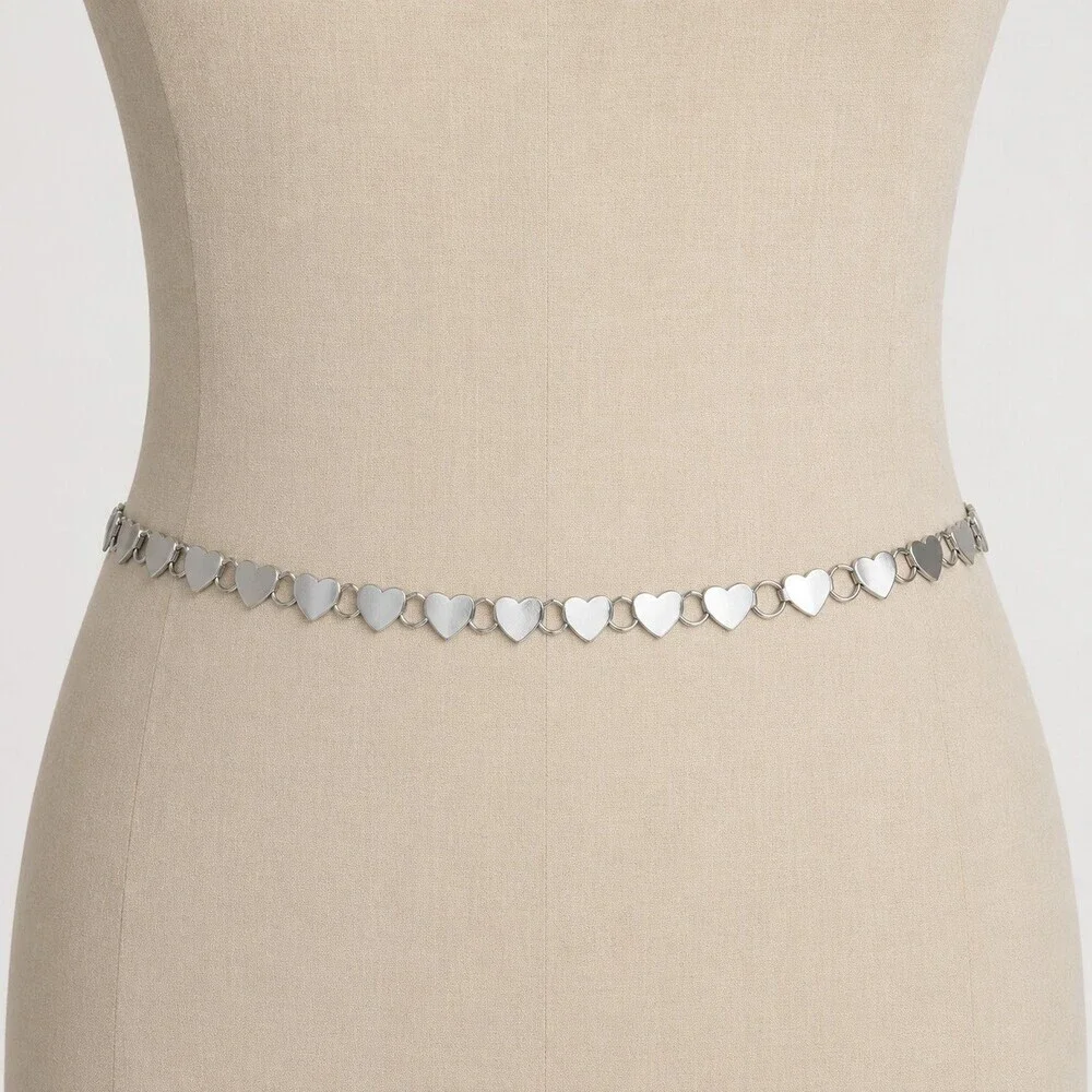Vintage Y2K Silver Metal Heart Link Chain Belt Adjustable Boho Coquette 39